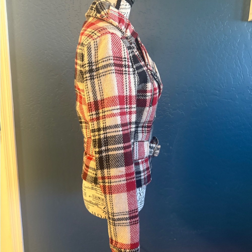 Express Red and Black Plaid Women's Moto Jacket Blazer - Picture 3 of 10